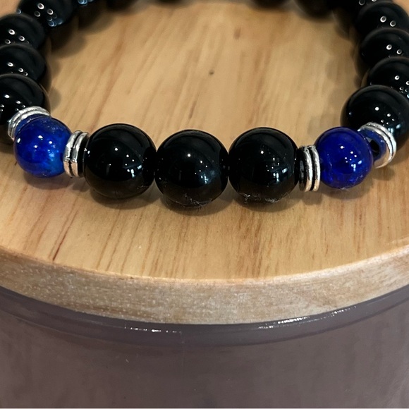 NWOT - Natural Black Onyx with Lapis Lazuli Men’s Stretch Bracelet - Picture 3 of 6